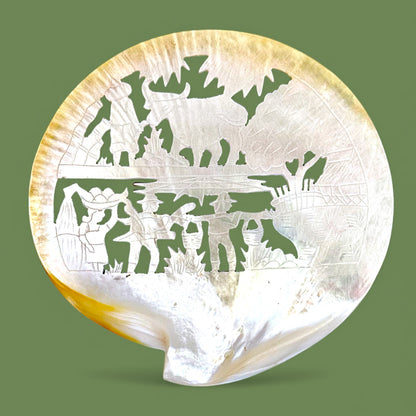 Antique Mother of Pearl Carving - Asian Farming Scene ✨