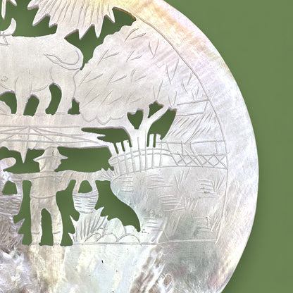 Antique Mother of Pearl Carving - Asian Farming Scene ✨