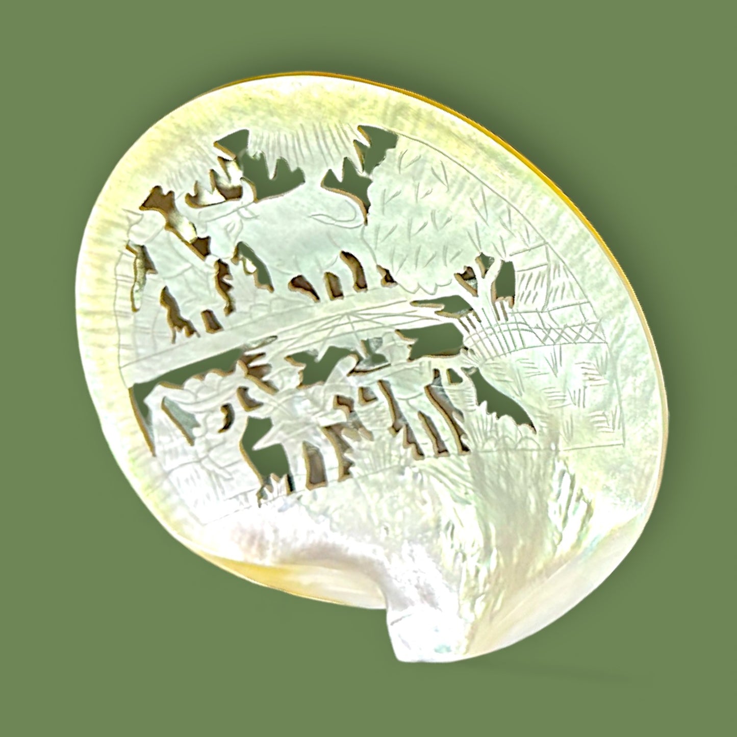 Antique Mother of Pearl Carving - Asian Farming Scene ✨