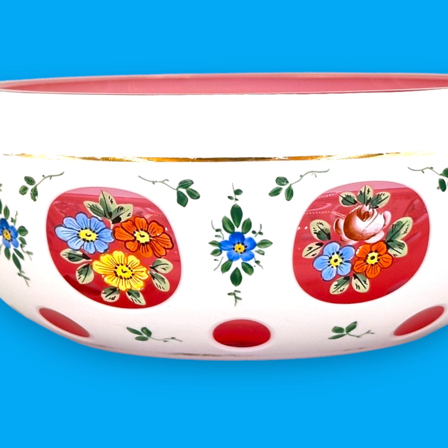 Moser Red and White Cut to Clear Bohemian Glass Bowl 6 Inch