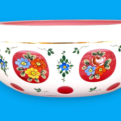 Moser Red and White Cut to Clear Bohemian Glass Bowl 6 Inch
