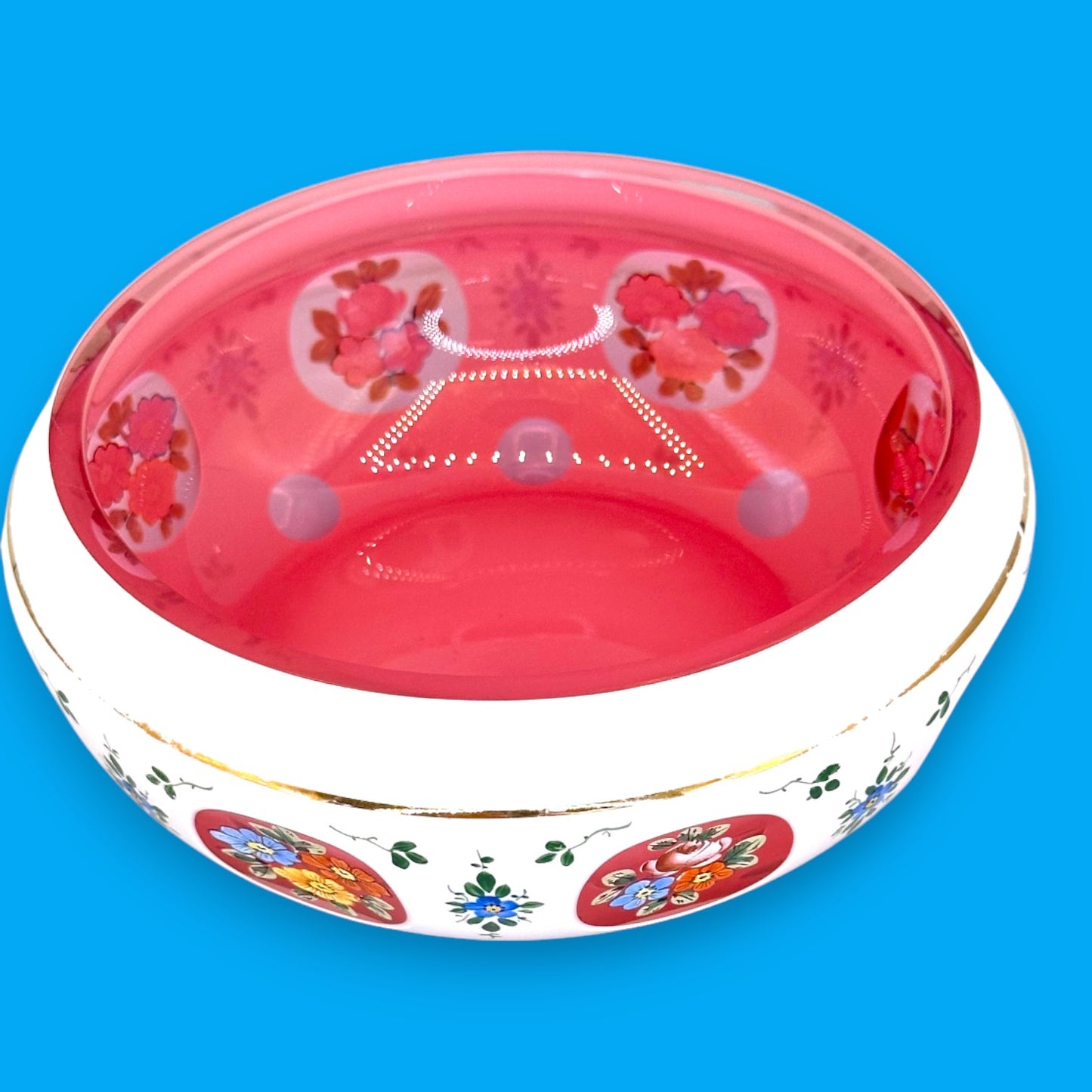 Moser Red and White Cut to Clear Bohemian Glass Bowl 6 Inch