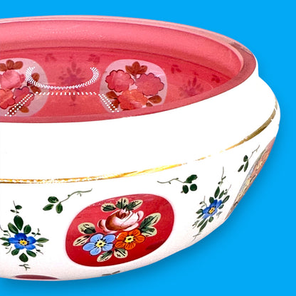 Moser Red and White Cut to Clear Bohemian Glass Bowl 6 Inch