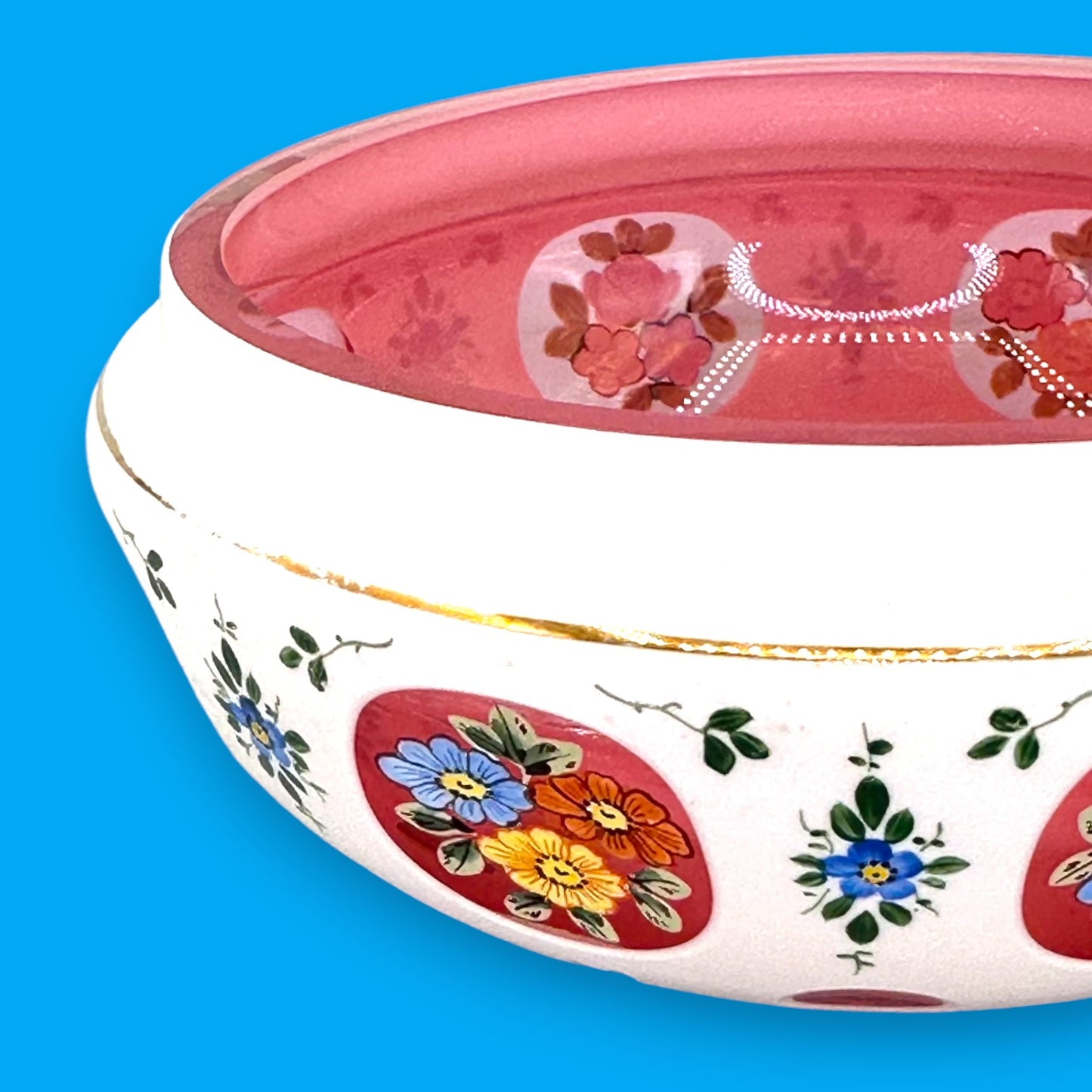 Moser Red and White Cut to Clear Bohemian Glass Bowl 6 Inch