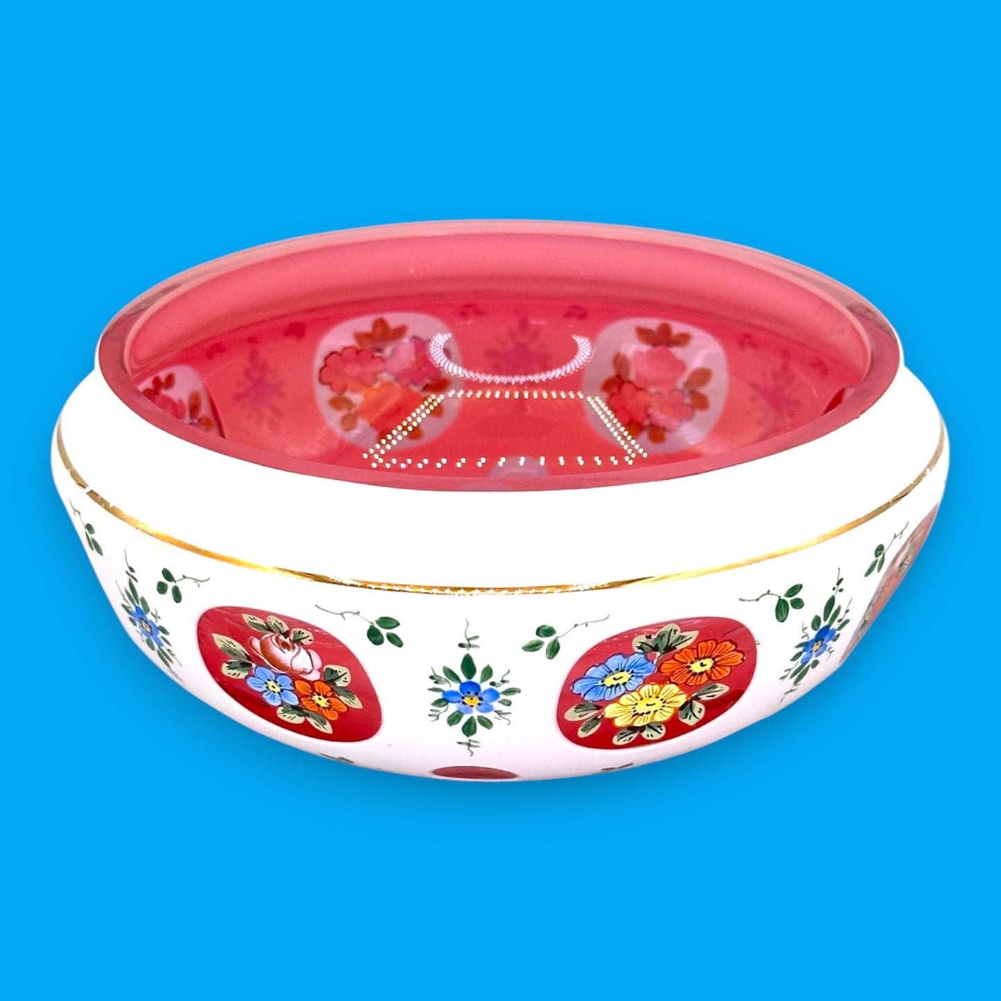 Moser Red and White Cut to Clear Bohemian Glass Bowl 6 Inch