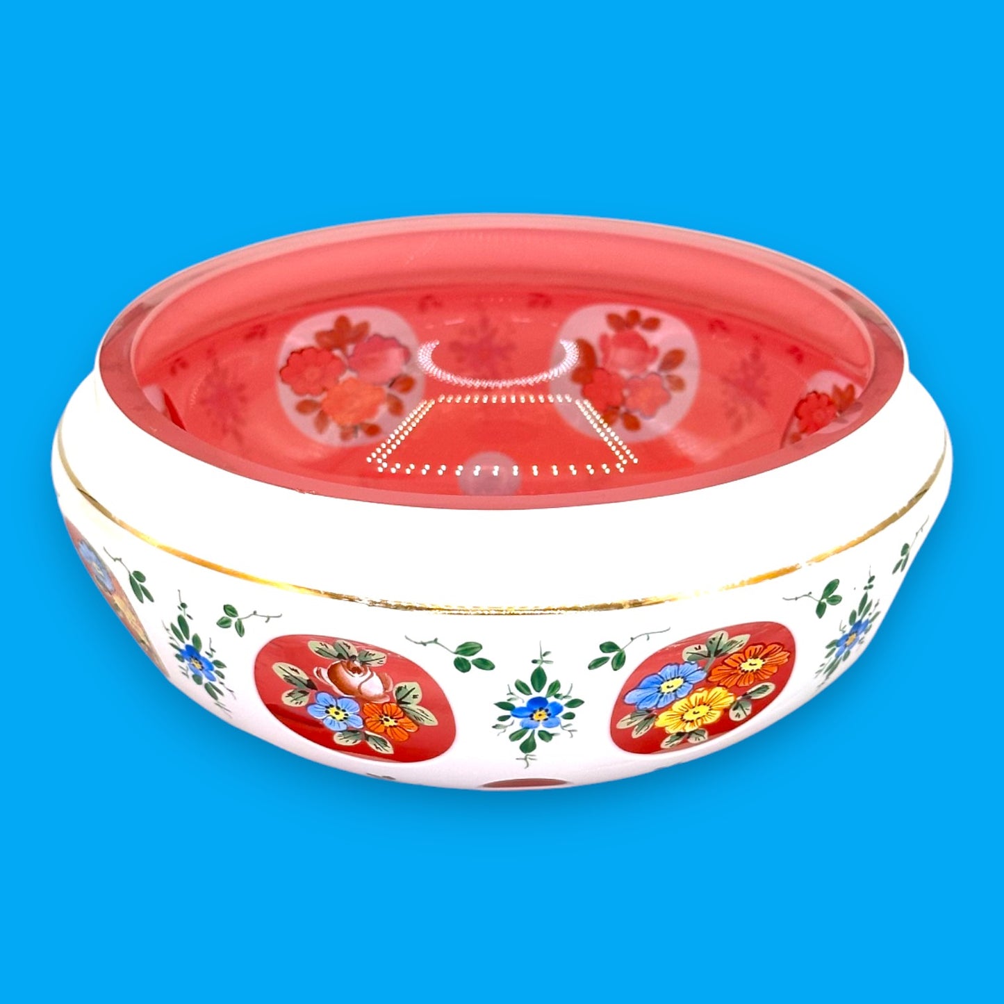 Moser Red and White Cut to Clear Bohemian Glass Bowl 6 Inch