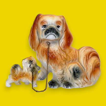 Vintage Ceramic King Charles Spaniel & Puppy on Chain, Made in Japan 👑