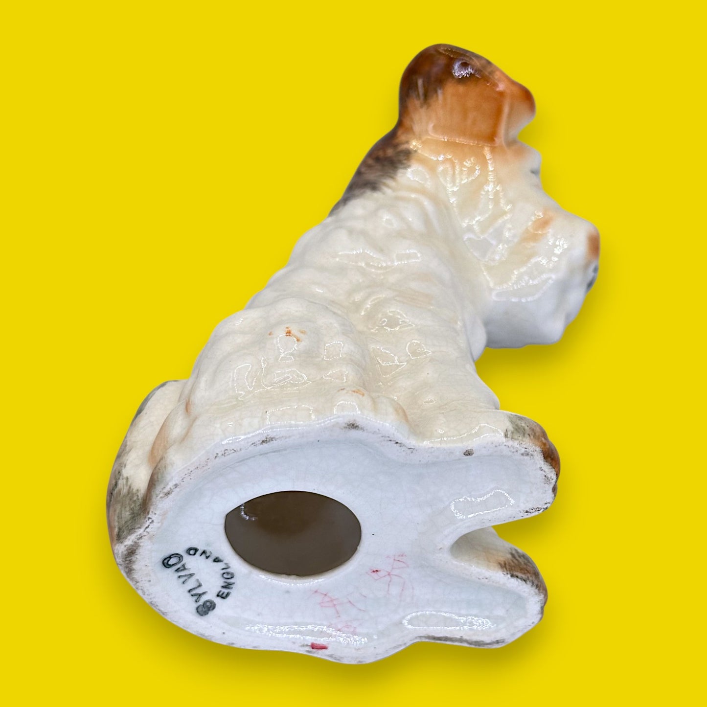 Vintage Sylvao Terrier Dog Figurine, Brown & White Glaze, Made in England 🐶