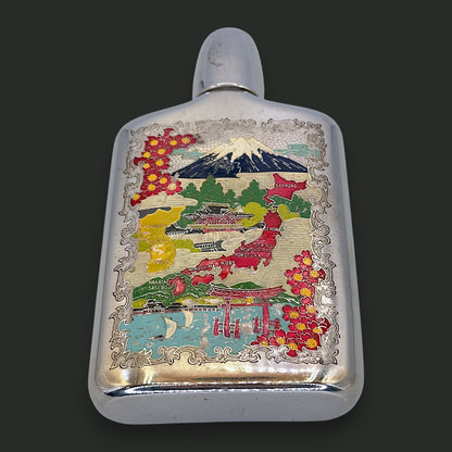 Vintage Japanese Enamel Souvenir Flask - Map & Mt. Fuji