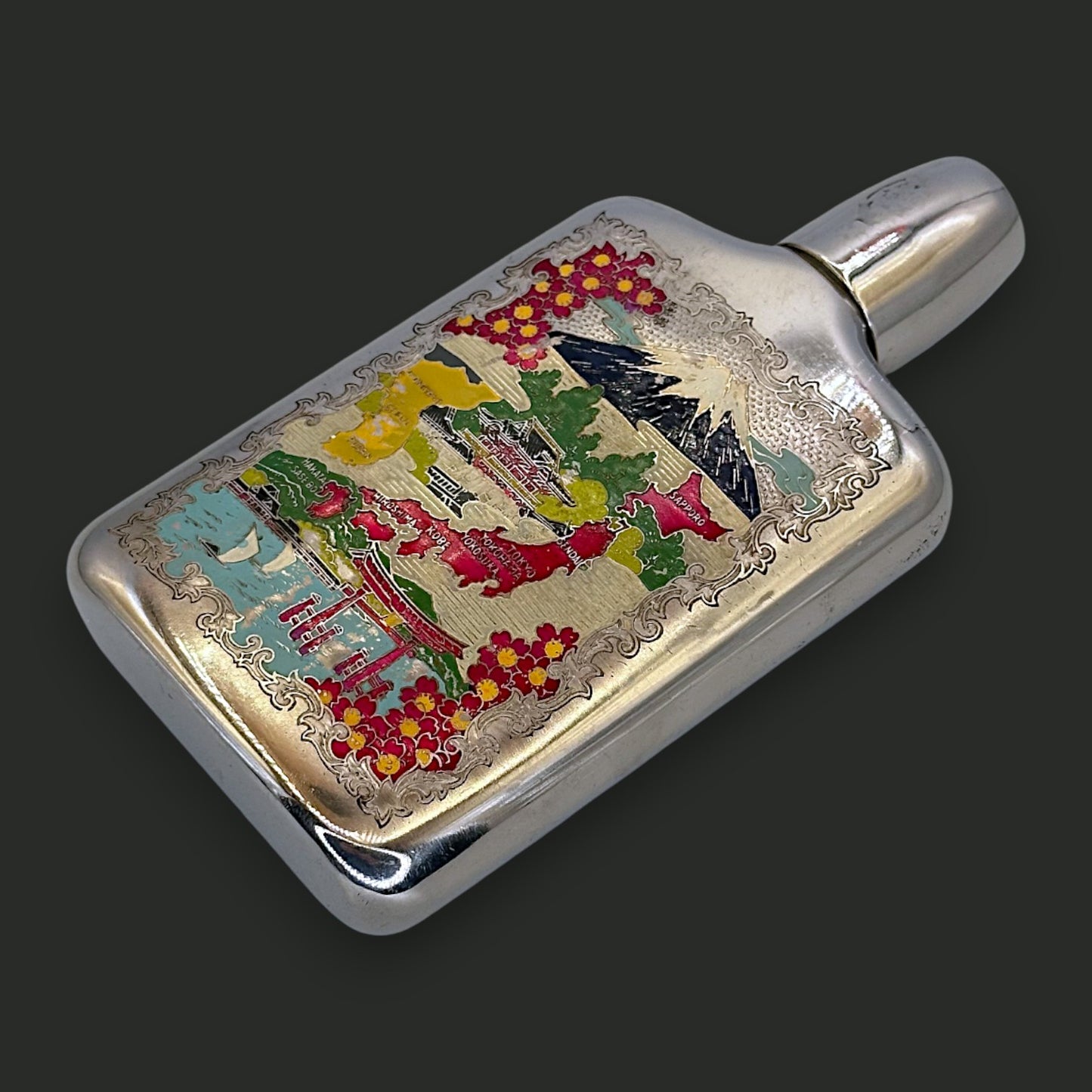 Vintage Japanese Enamel Souvenir Flask - Map & Mt. Fuji