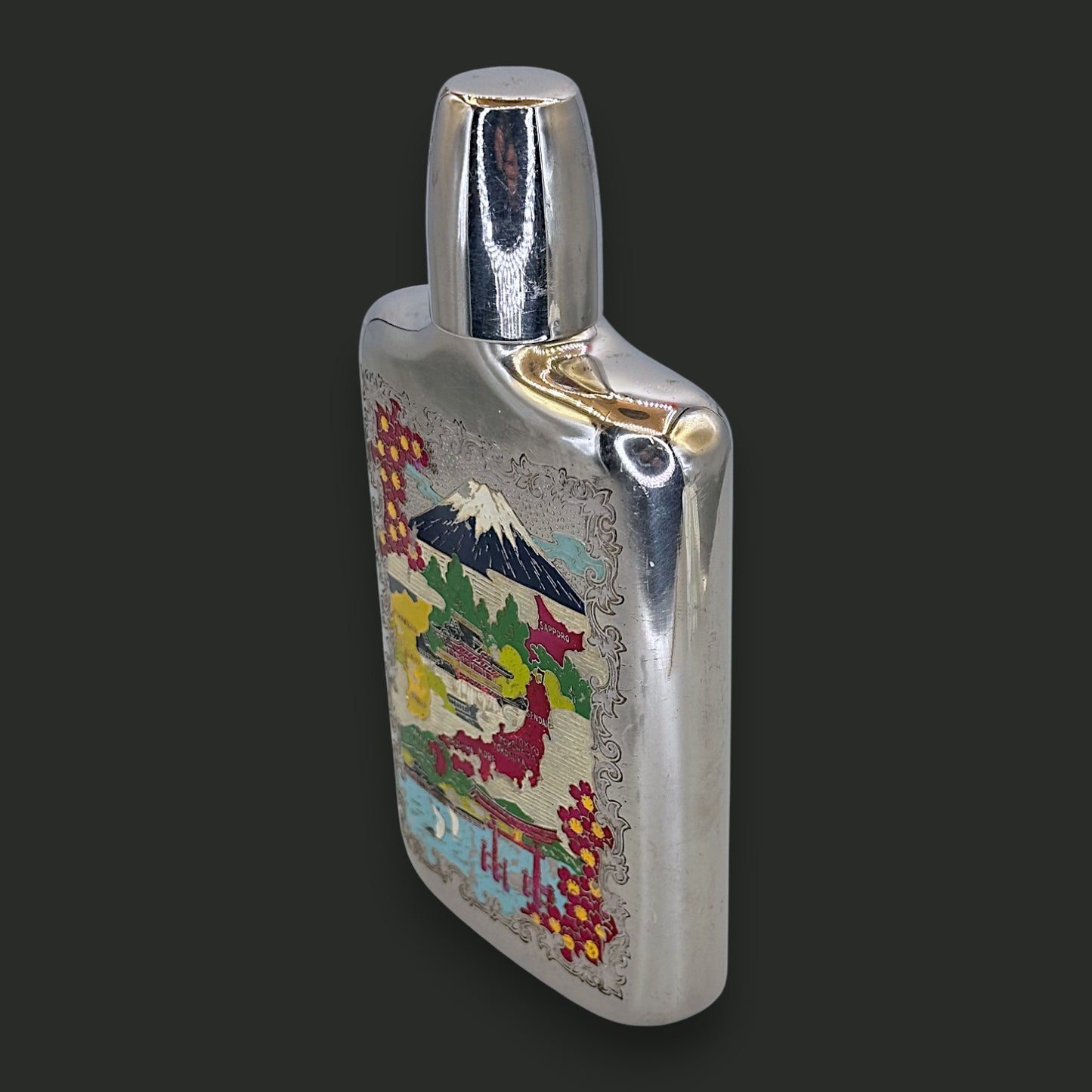 Vintage Japanese Enamel Souvenir Flask - Map & Mt. Fuji