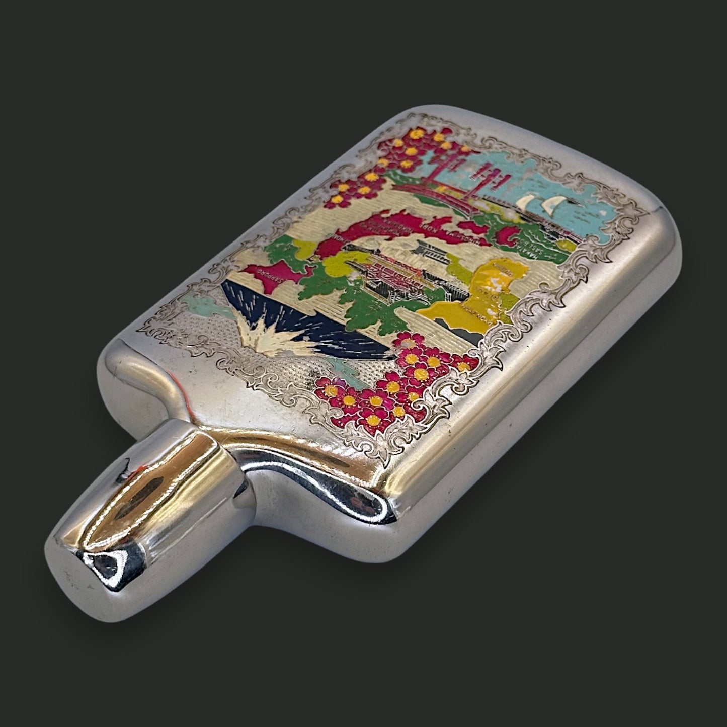 Vintage Japanese Enamel Souvenir Flask - Map & Mt. Fuji
