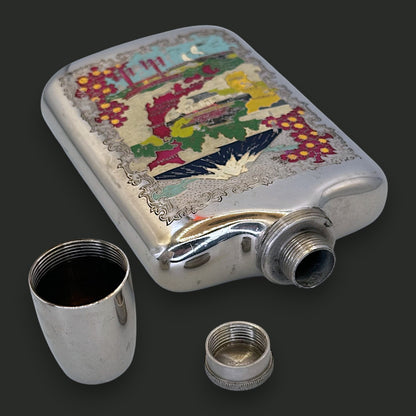 Vintage Japanese Enamel Souvenir Flask - Map & Mt. Fuji