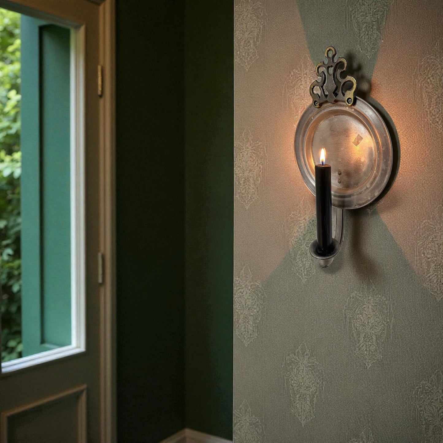 Vintage Pewter Wall Candle Sconce 11.5 Inch Reflector Backplate