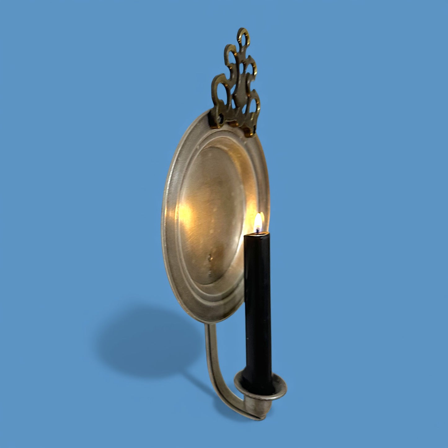 Vintage Pewter Wall Candle Sconce 11.5 Inch Reflector Backplate