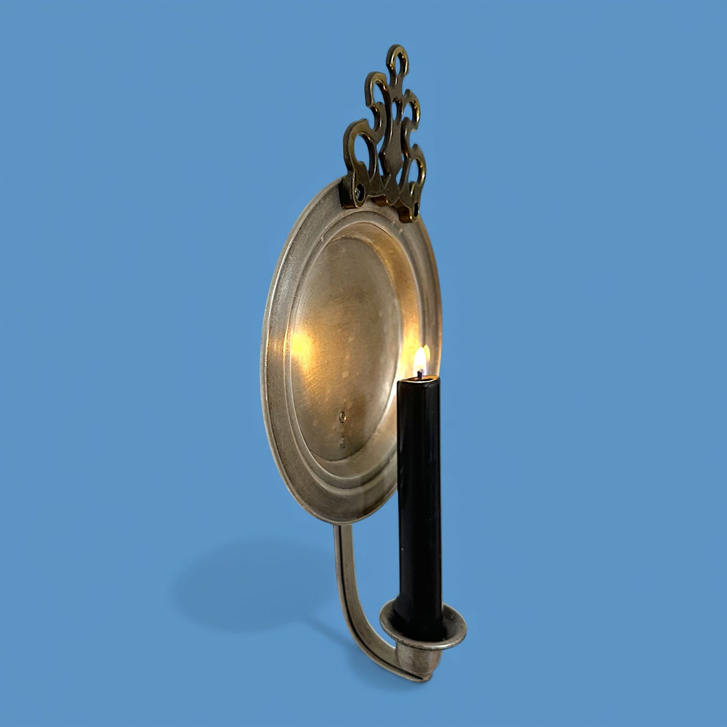 Vintage Pewter Wall Candle Sconce 11.5 Inch Reflector Backplate
