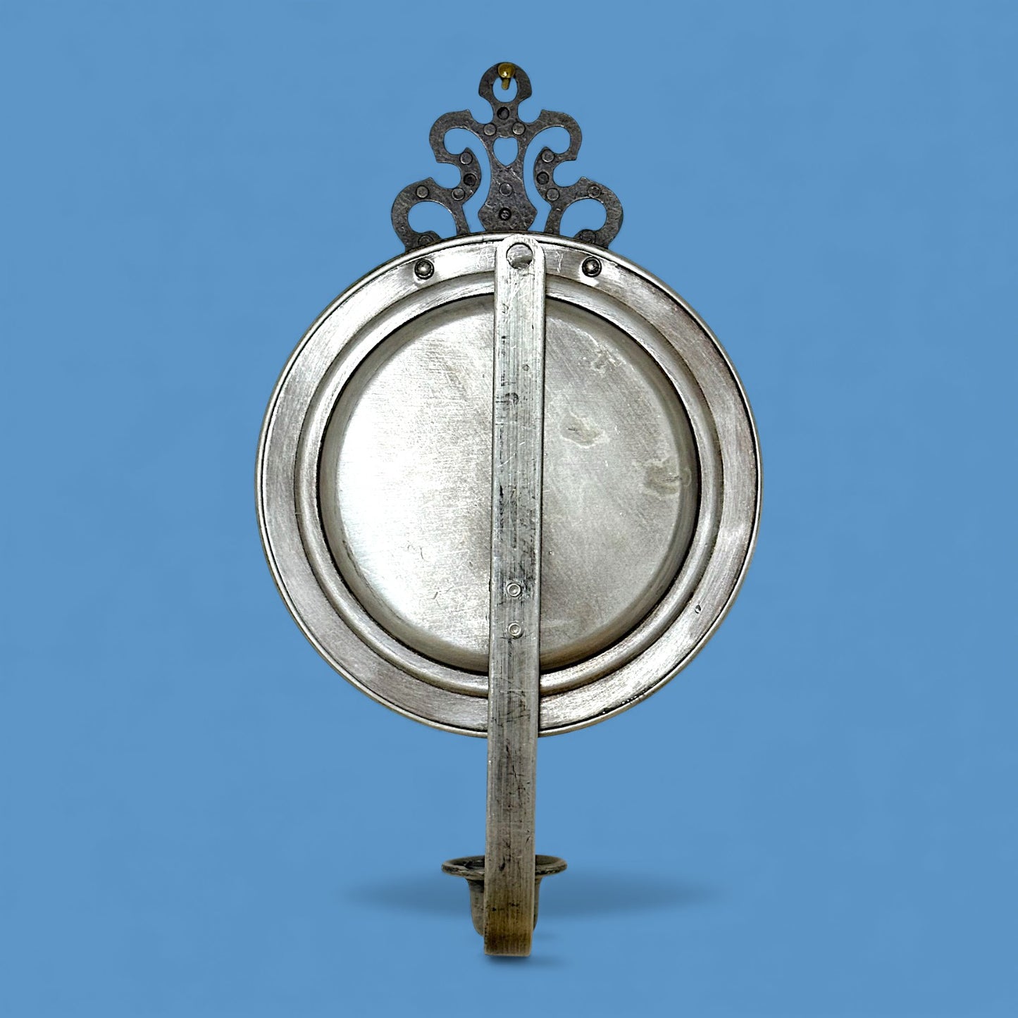 Vintage Pewter Wall Candle Sconce 11.5 Inch Reflector Backplate