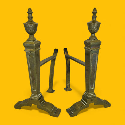 English Brass Fireplace Andirons Pair - Victorian Glamour