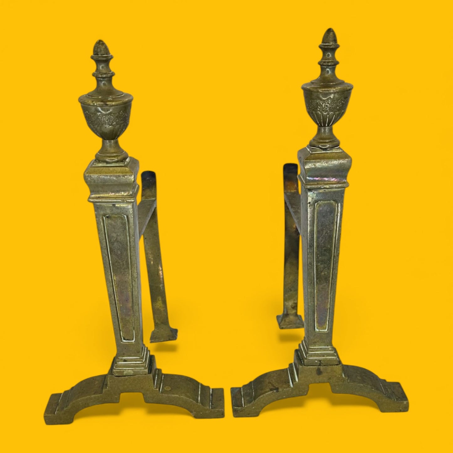 English Brass Fireplace Andirons Pair - Victorian Glamour