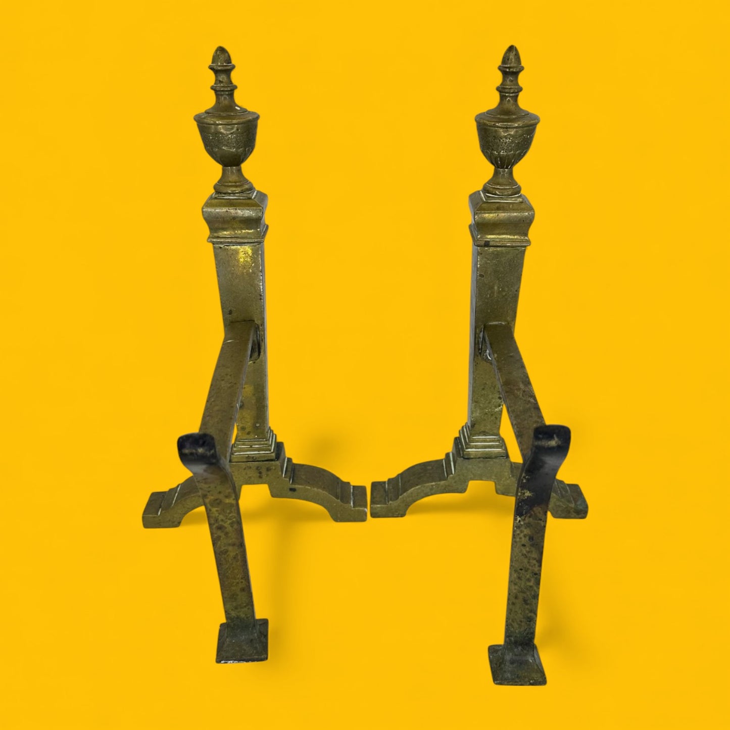 English Brass Fireplace Andirons Pair - Victorian Glamour