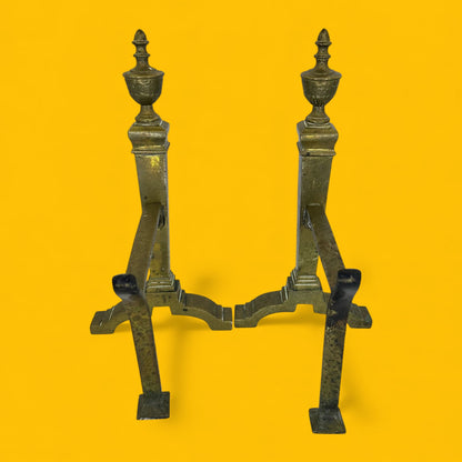 English Brass Fireplace Andirons Pair - Victorian Glamour