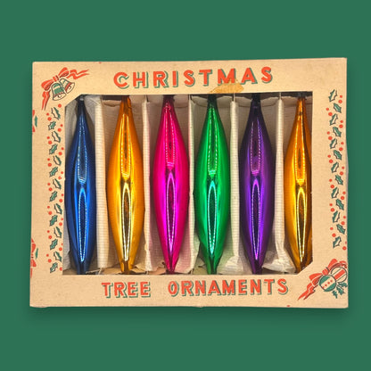 Vintage Rainbow Icicle Christmas Ornaments, Mercury Glass Box Set