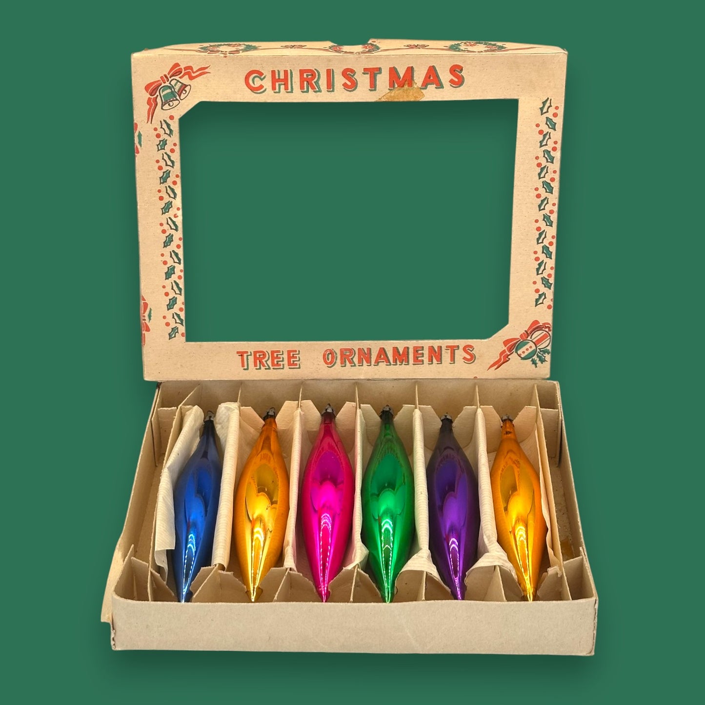 Vintage Rainbow Icicle Christmas Ornaments, Mercury Glass Box Set