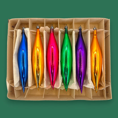 Vintage Rainbow Icicle Christmas Ornaments, Mercury Glass Box Set