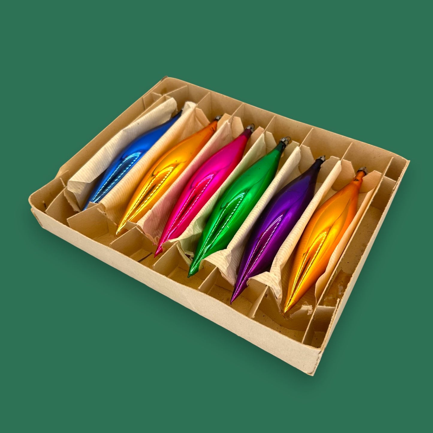 Vintage Rainbow Icicle Christmas Ornaments, Mercury Glass Box Set