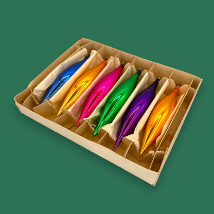 Vintage Rainbow Icicle Christmas Ornaments, Mercury Glass Box Set