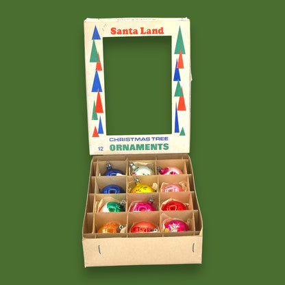 Vintage Santa Land Christmas Ornaments Glass Ball 12 x 2.25" Set with Original Box 🎁 🎄