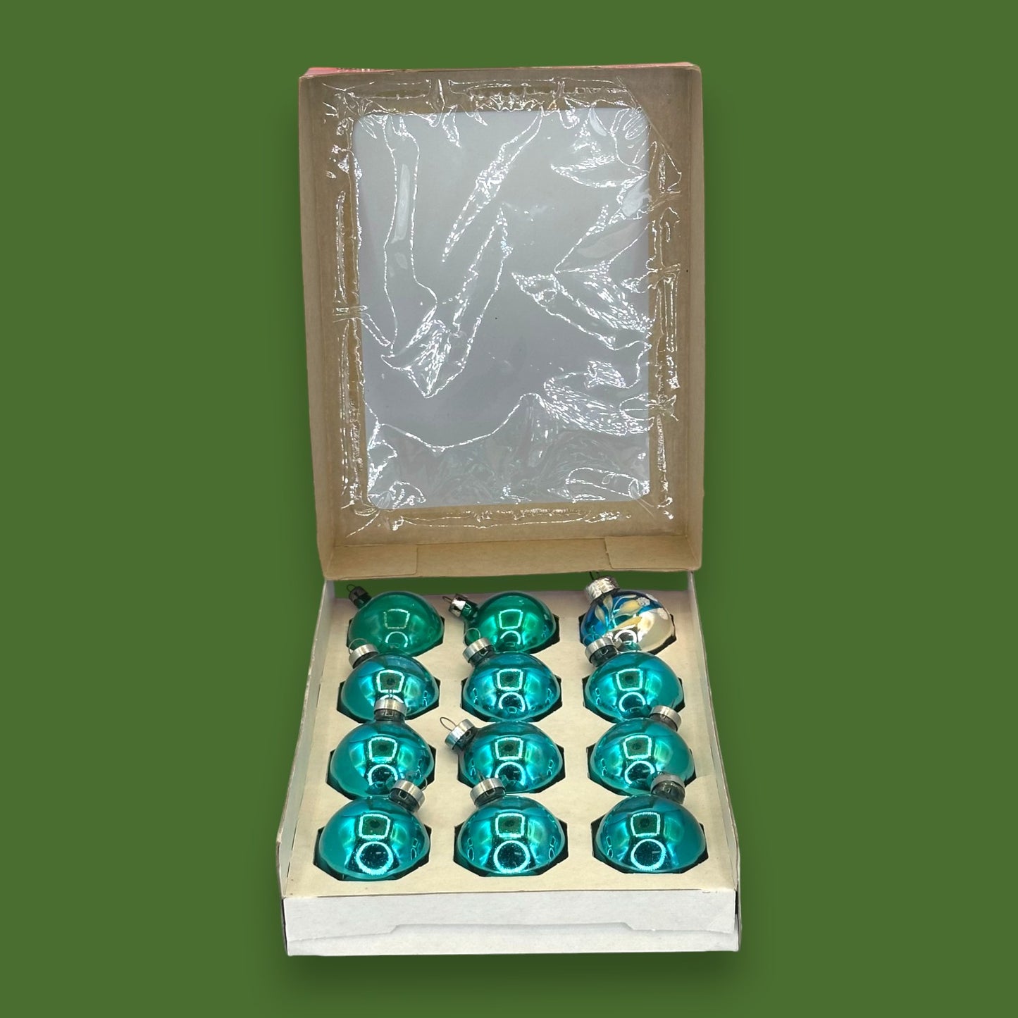 Vintage Teal Blue Christmas Ornaments: Box of 12 Shiny 1.5" Brite Style Baubles
