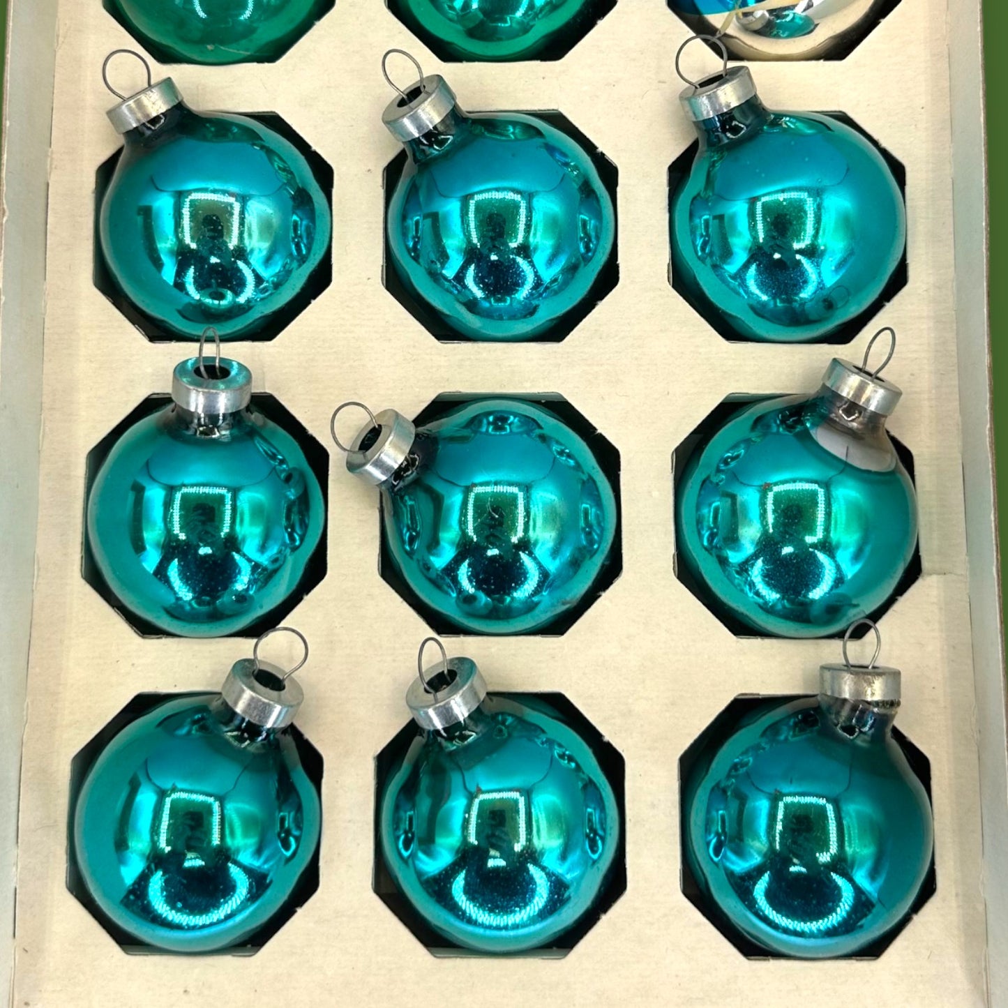 Vintage Teal Blue Christmas Ornaments: Box of 12 Shiny 1.5" Brite Style Baubles