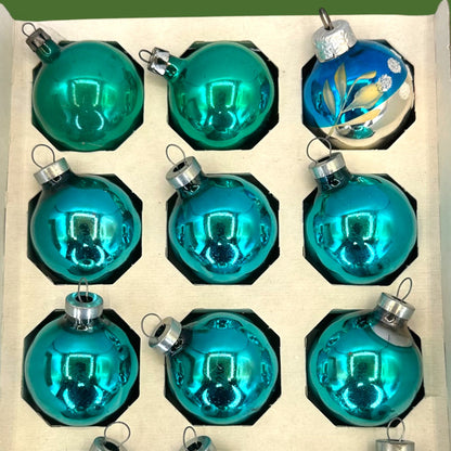 Vintage Teal Blue Christmas Ornaments: Box of 12 Shiny 1.5" Brite Style Baubles