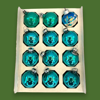 Vintage Teal Blue Christmas Ornaments: Box of 12 Shiny 1.5" Brite Style Baubles