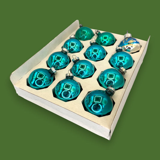 Vintage Teal Blue Christmas Ornaments: Box of 12 Shiny 1.5" Brite Style Baubles