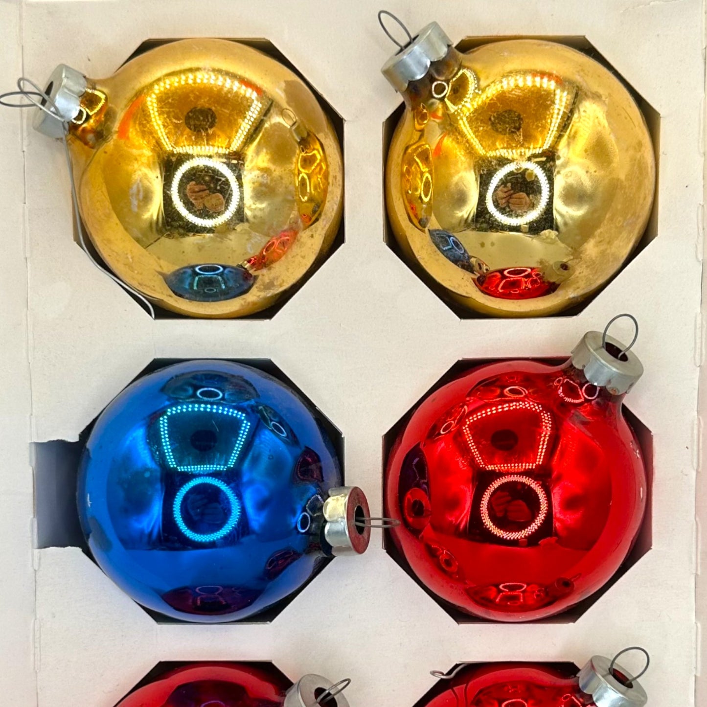 Vintage Mid-Century Glass Christmas Ornaments, Box of 6 2" Balls