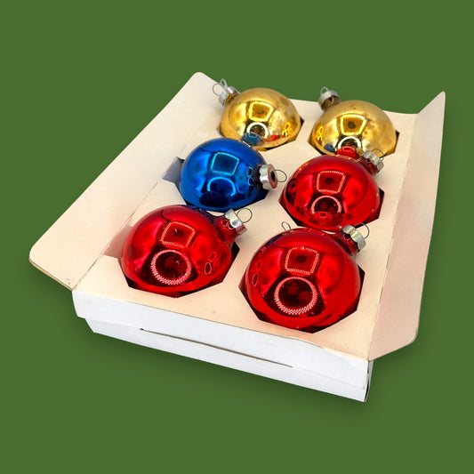 Vintage Mid-Century Glass Christmas Ornaments, Box of 6 2" Balls