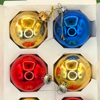 Vintage Mid-Century Glass Christmas Ornaments, Box of 6 2" Balls Red Gold Blue