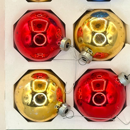 Vintage Mid-Century Glass Christmas Ornaments, Box of 6 2" Balls Red Gold Blue