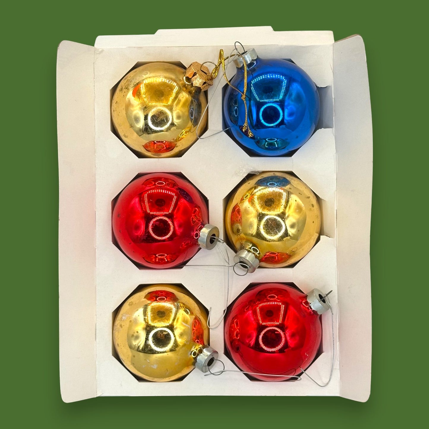 Vintage Mid-Century Glass Christmas Ornaments, Box of 6 2" Balls Red Gold Blue