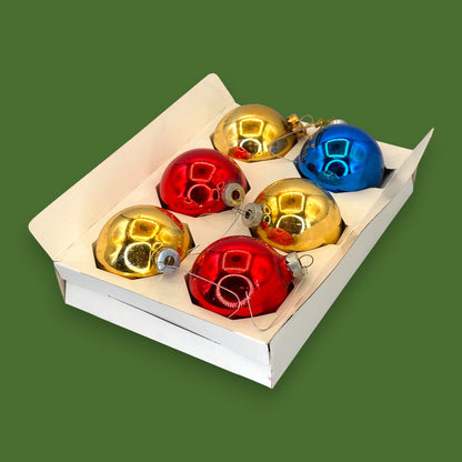 Vintage Mid-Century Glass Christmas Ornaments, Box of 6 2" Balls Red Gold Blue