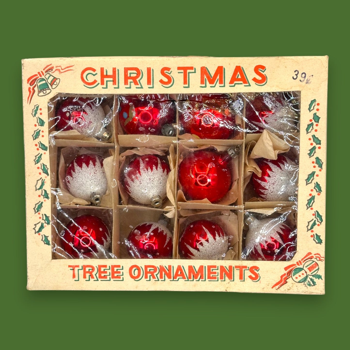 Vintage Red White Christmas Ornaments Box Shiny Mercury Glass 12-Set Retro