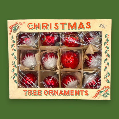 Vintage Red White Christmas Ornaments Box Shiny Mercury Glass 12-Set Retro