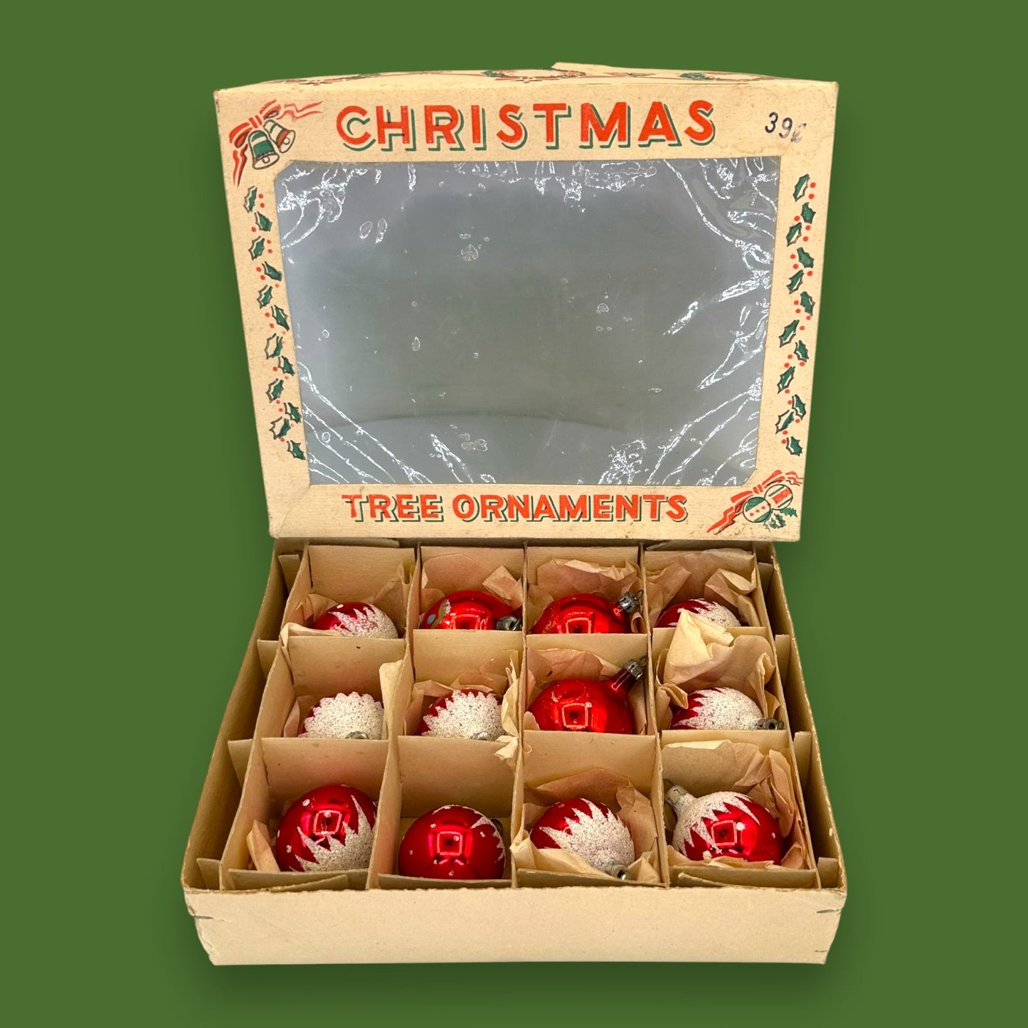 Vintage Red White Christmas Ornaments Box Shiny Mercury Glass 12-Set Retro