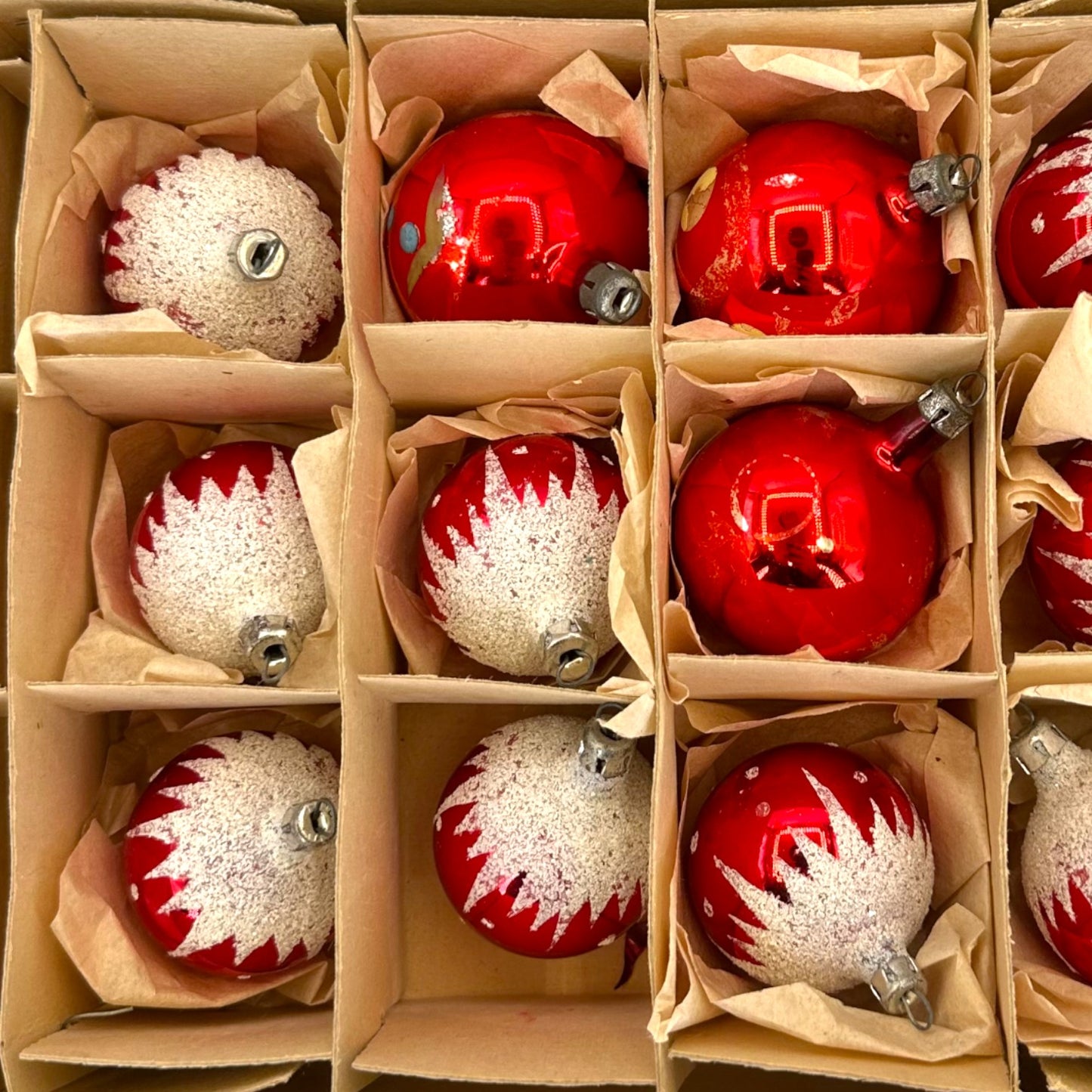 Vintage Red White Christmas Ornaments Box Shiny Mercury Glass 12-Set Retro