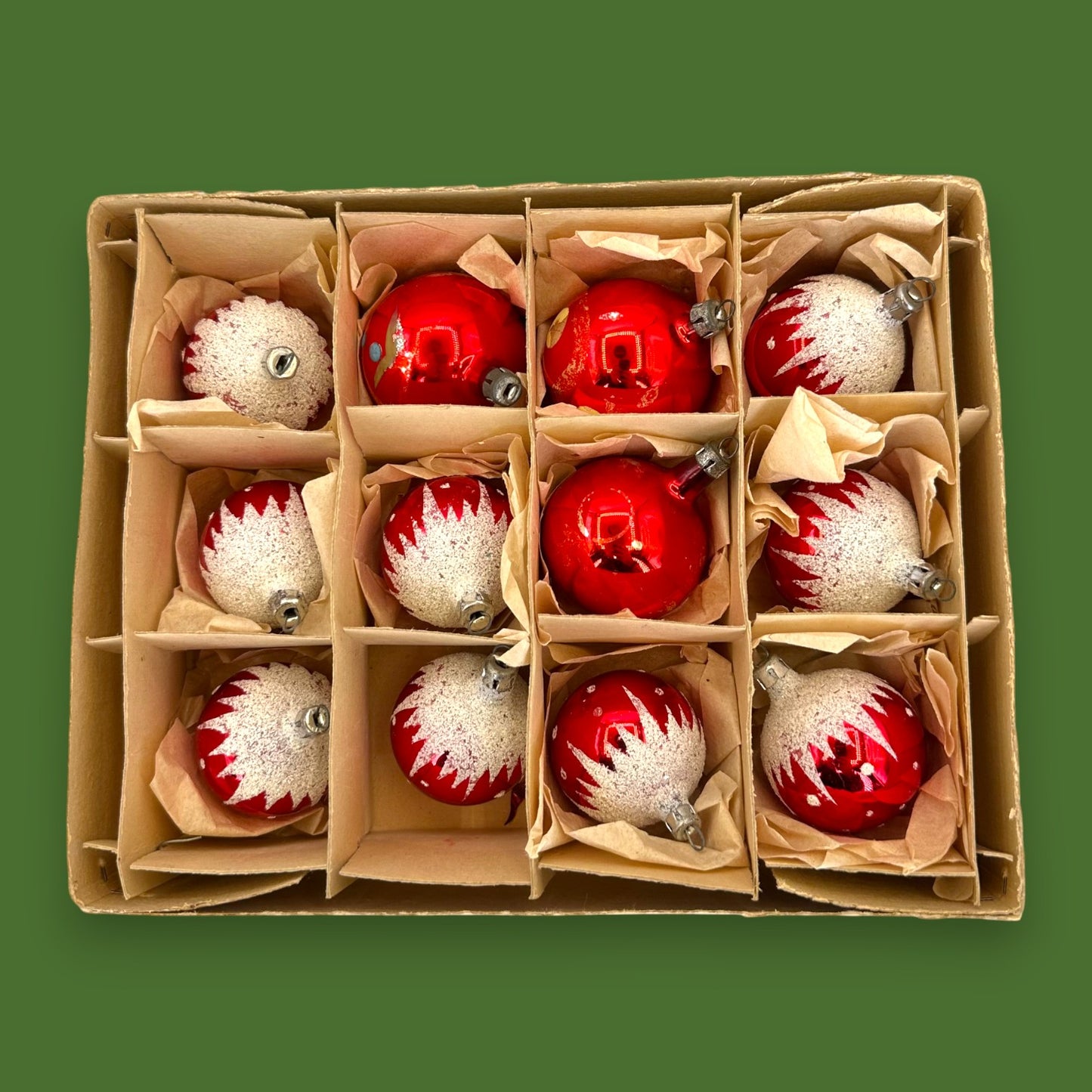 Vintage Red White Christmas Ornaments Box Shiny Mercury Glass 12-Set Retro