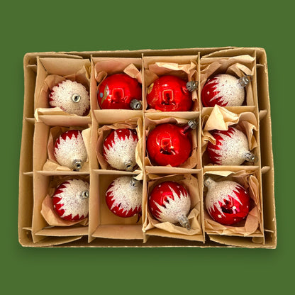 Vintage Red White Christmas Ornaments Box Shiny Mercury Glass 12-Set Retro