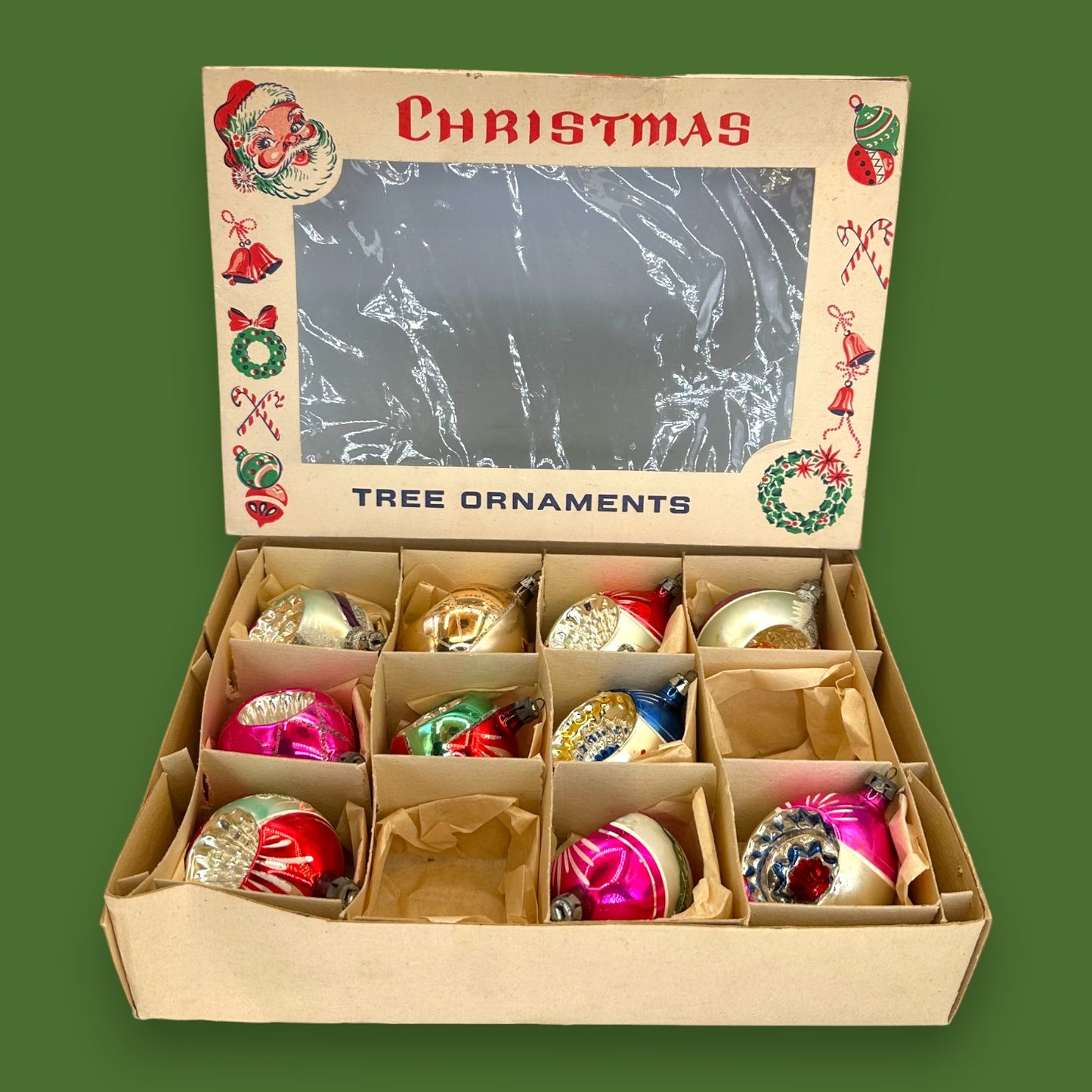 Christmas Tree Ornaments: Vintage Murcury Glass Indents Boxed Set 2.5" Ball 🎅