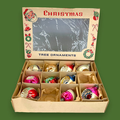 Christmas Tree Ornaments: Vintage Murcury Glass Indents Boxed Set 2.5" Ball 🎅